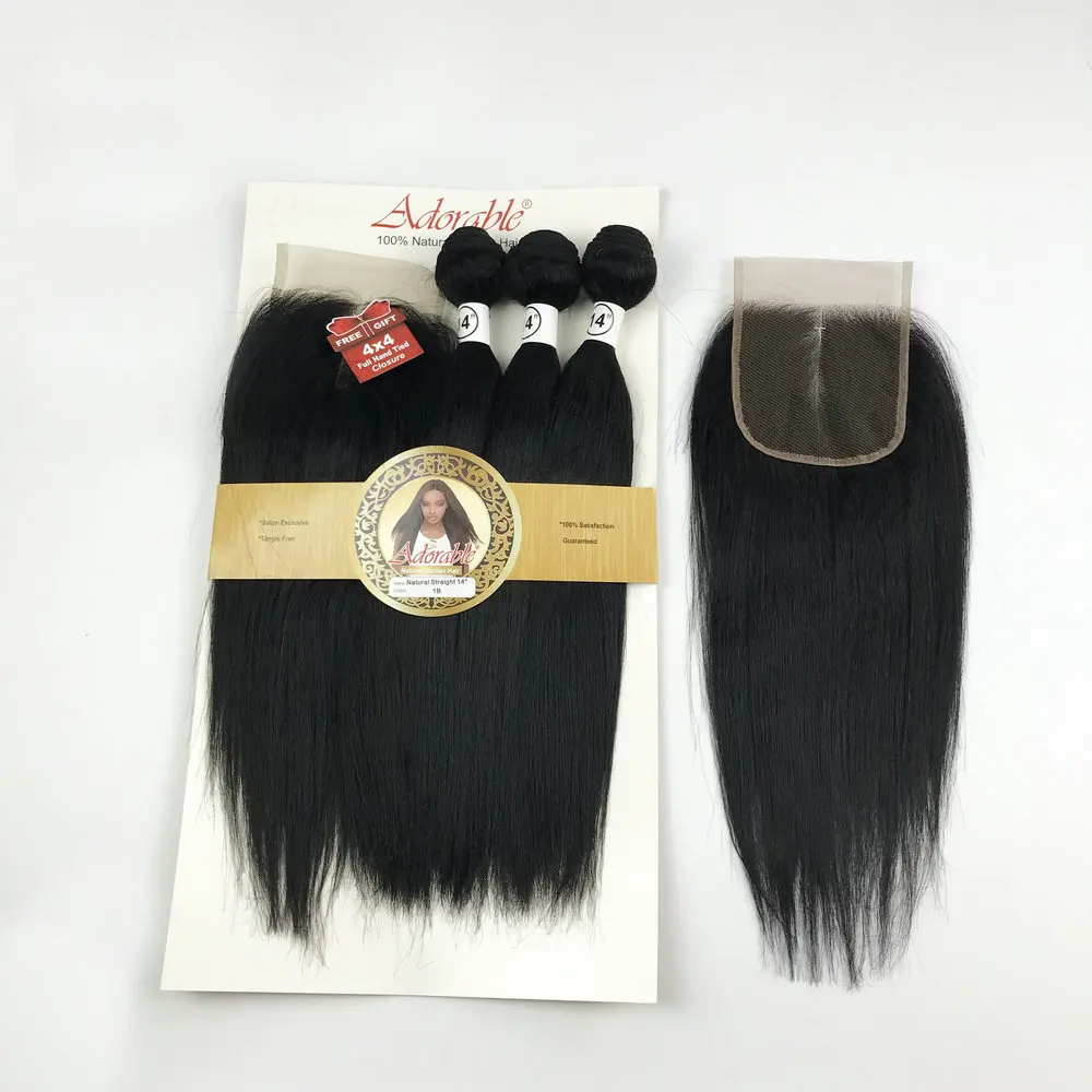 Mechones de pelo sintético con mezcla de animales, extensiones de pelo de paquete liso de seda con cierre de encaje 4x4, mezcla de cabello humano Natural Adorable 3 + 1