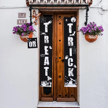 

3Pcs Halloween Theme Hanging Sign Porch Sign Banners Front Door Curtain Home Door Garden Flags (Black)