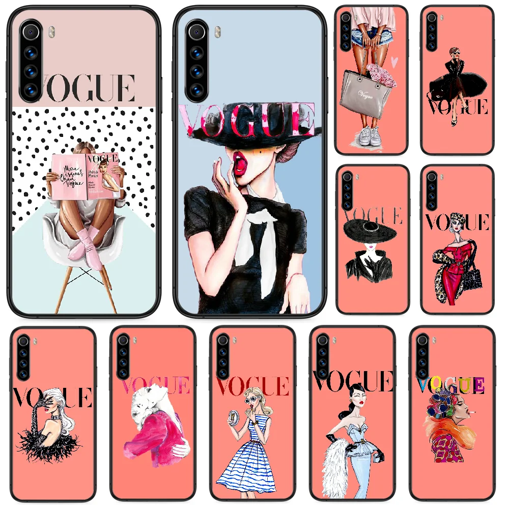 

VOGUE Fashion Girl Phone case For Xiaomi Redmi Note 7 8 8T 9 9S 4X 7 7A 9A K30 Pro Ultra black Etui soft waterproof fashion