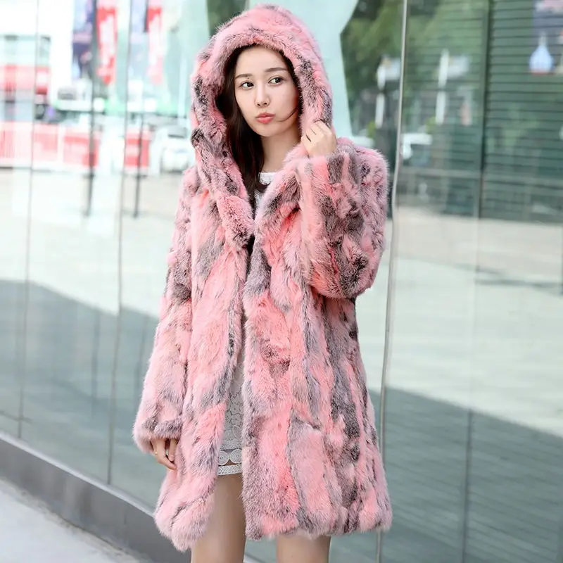 Меховое пальто с капюшоном, смешанные цвета, натуральный мех кролика, женская зимняя куртка с капюшоном, низкая Скидка, распродажа, мех sr692