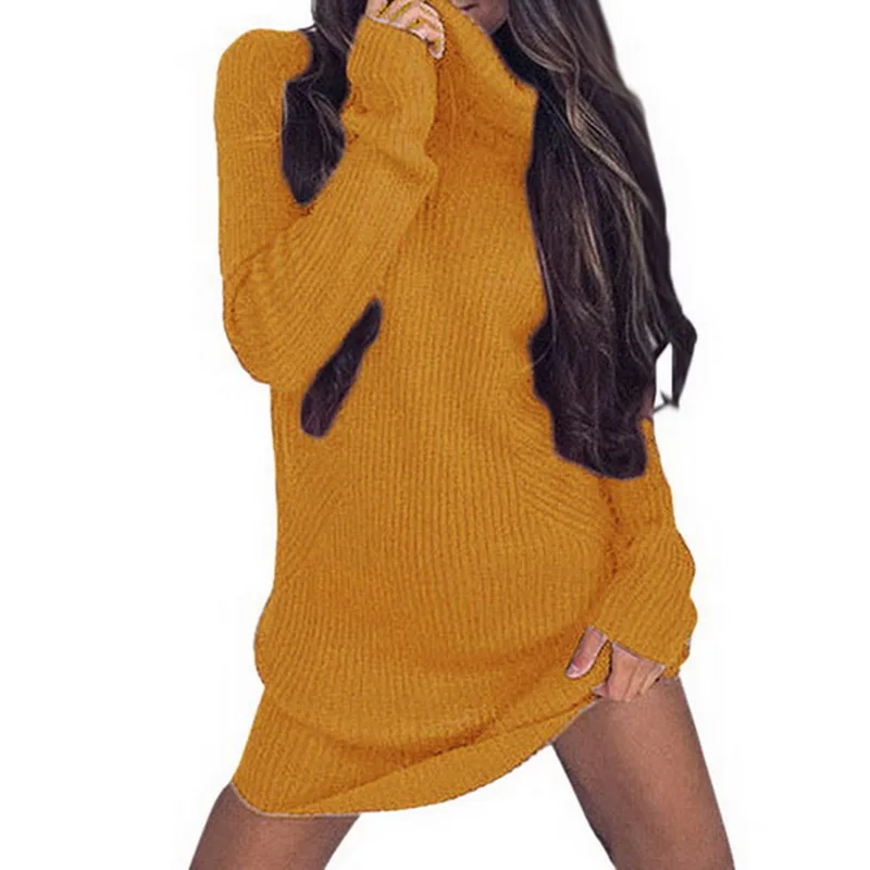 HEFLASHOR, Осеннее трикотажное платье-свитер для женщин, женские сексуальные платья с высоким воротом, Женское зимнее платье с длинным рукавом, однотонное платье - Цвет: yellow