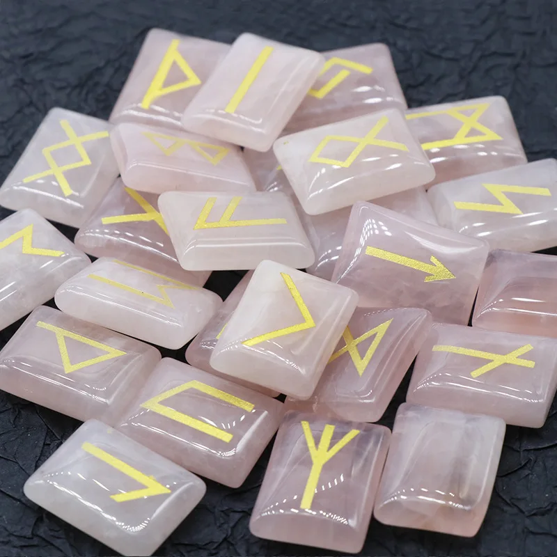 

25pcs Natural Engraved Rune Stones Set Chakra Healing Gemstones Craft Feng Shui Decoration Rose Quartzs Crystal Stone Beads