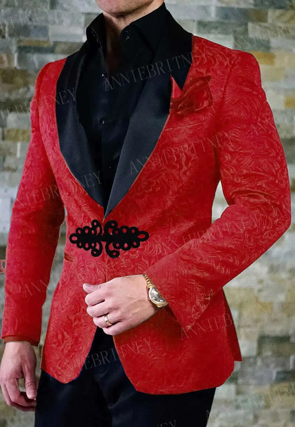 ANNIEBRITNEY Белый Жаккардовый мужской костюм, 2 предмета, на заказ, приталенный смокинг, костюм жениха, Свадебный, выпускной, блейзер с золотым, китайским узлом, пряжка - Цвет: Красный