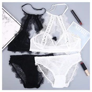 

Wriufred Retro white lace hanging neck sexy underwear gathered inside a beautiful back breathable bra translucent lingerie set