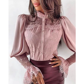 

Women's Shirts With Long Sleeves Lady Elegant Casual Lace Stand Neck Shirts Long Sleeve Tops Blouse Women Fashion Female Blusas