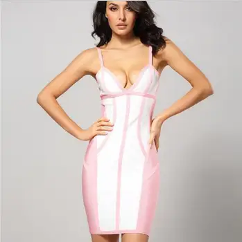 

summer v-Neck strap mini pink celebrity low bosom backless party pub sexy bandage dresses wholesale women