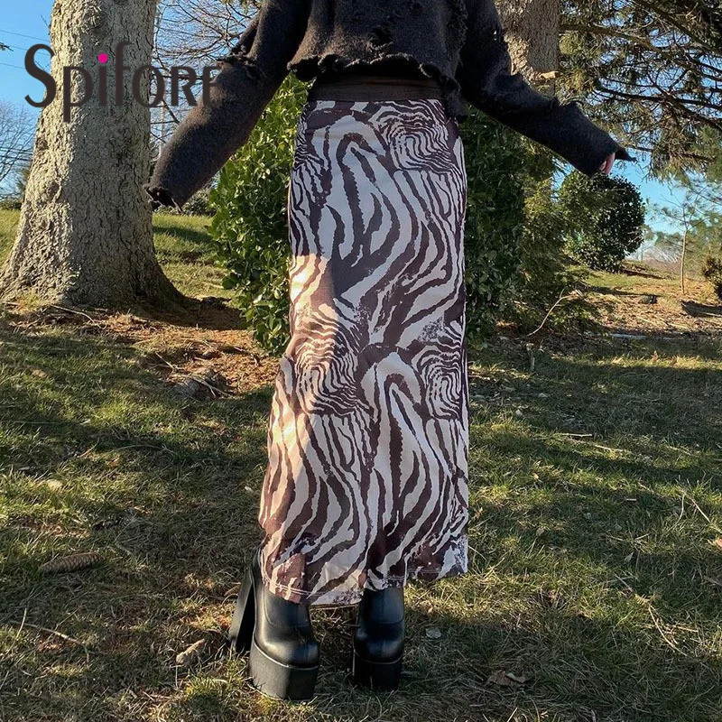 Spifore Zebra Print Long Skirt Women Tie Dye High Waist Brown Skirts
