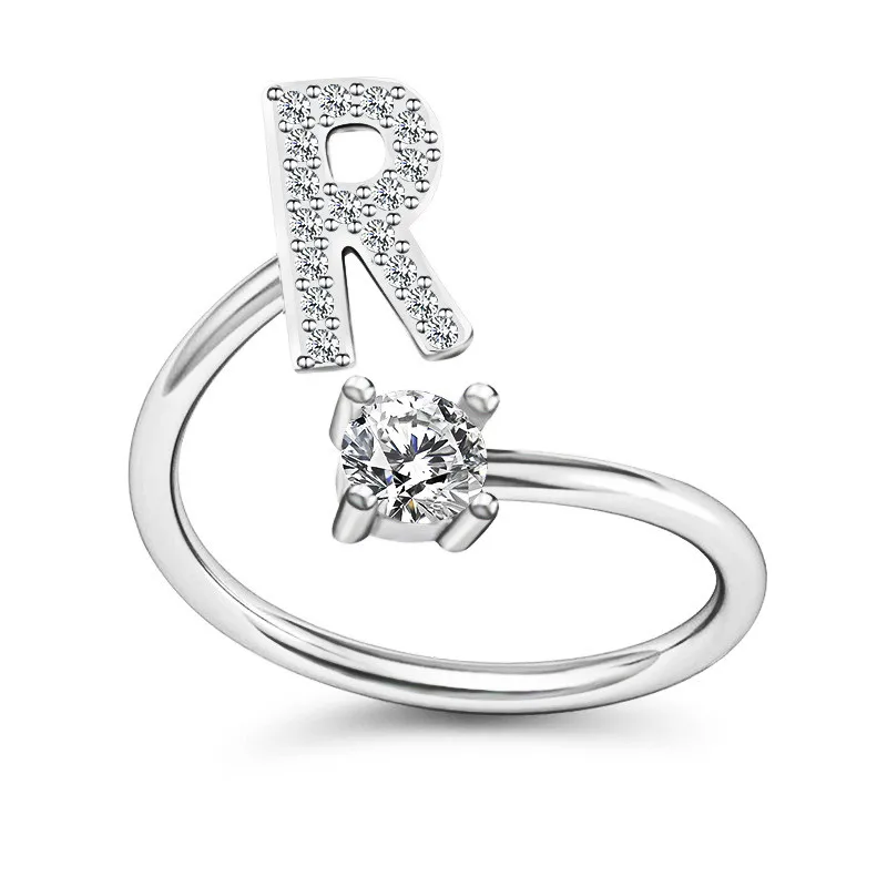New Design Letter A-Z Openable Adjustment Rings Simple Wild Crystal Inlay Gem Circle Ring Women Wedding Jewelry Anniversary Gift - Цвет основного камня: R