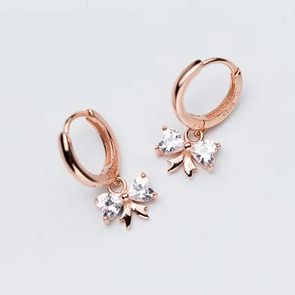 rose gold color Модные 925 пробы серебряные серьги-кольца с маленьким бантом и кубическим цирконием цвета розового золота, CZ серьги-кольца для женщин - Окраска металла: rose gold color