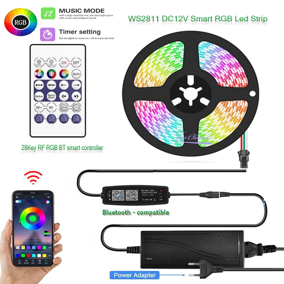 

WS2811 Dream full color RGB Led Strip 60 LED/m Addressable Light 12V 28key RF Bluetooth-compatible Music Smart Controller Kit