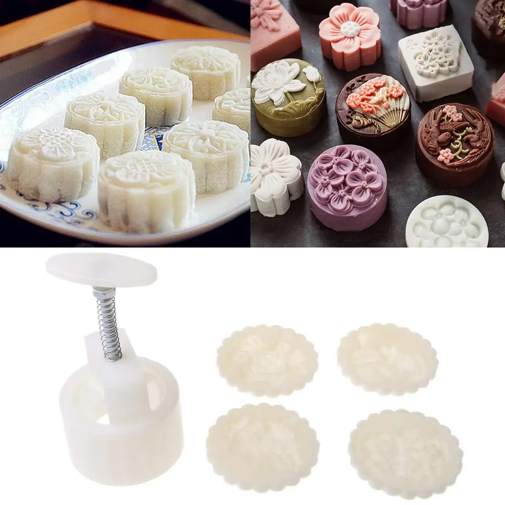 Moon Cake Mould Mold With 4Pc Stamps Round Flower Pastry Mooncake Hand DIY Tool 