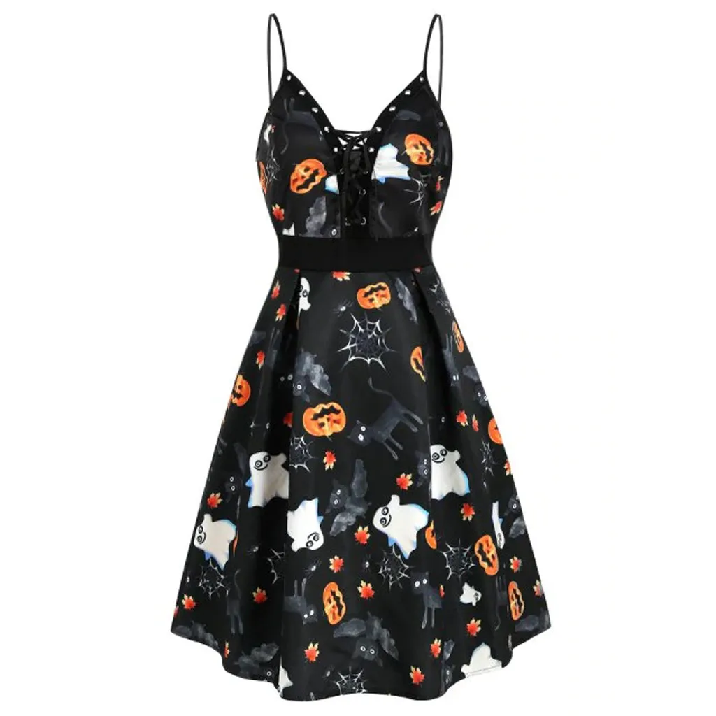 

Dress women 2019 Spring Autumn New Fashion New Halloween Pumpkin Ghost Leaf Print Lace Up Dress Trim Cute Sweet Elegant Dress