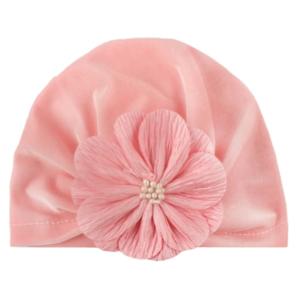 pink Винтажные шапочки Vevlet с искусственными цветами для новорожденных девочек; вязаная шапка; Детский головной убор - Цвет: pink