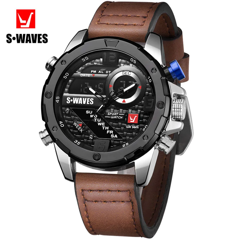 Кожаный ремешок мужские часы SWAVES роскошные Цифровые Аналоговые Reloj Hombre с
