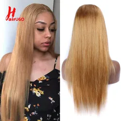 HairUGo 27# Honey Blonde Colored 13x1 T Part Lace Closure Wigs Pre Plucked Remy Brazilian Ombre Straight Human Hair Wigs 180%