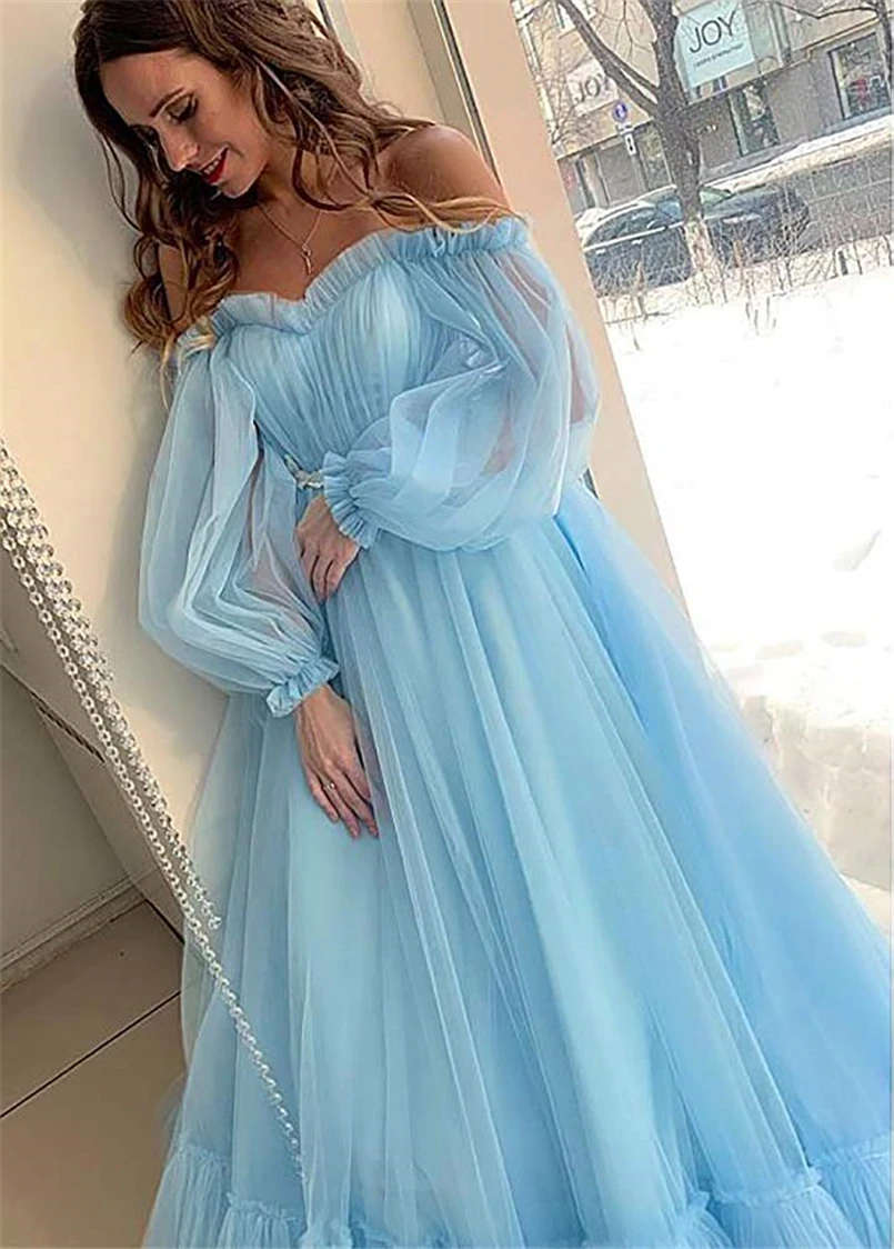 LORIE Elegant Prom Dress Ruffed Off the Shoulder Long Puff Sleeves A-Line Tulle Long Blue Pink Evening Gown Corset Party Dress