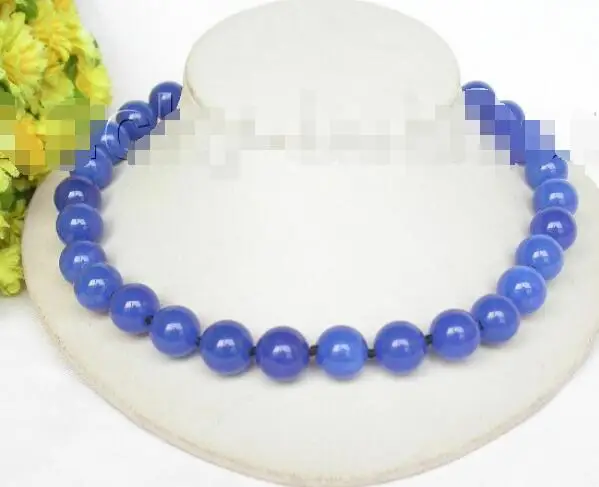 Free Shipping >>AAA natural 17.5" 14mm round blue jade bead necklace filled gold clasp j8631