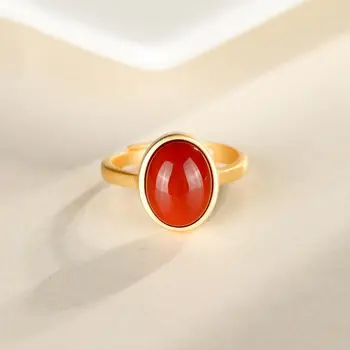 

Natural South Red chalcedony oval opening adjustable ring Chinese retro Bohemian elegant women's silver jewelry