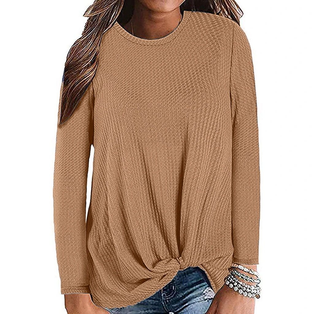 JAYCOSIN Chiffon Blouse Womens Casual Long Sleeve Autumn Knot Waffle Knit Tunic Blouse Cute Shirts Tops Winner Girl Lady 729