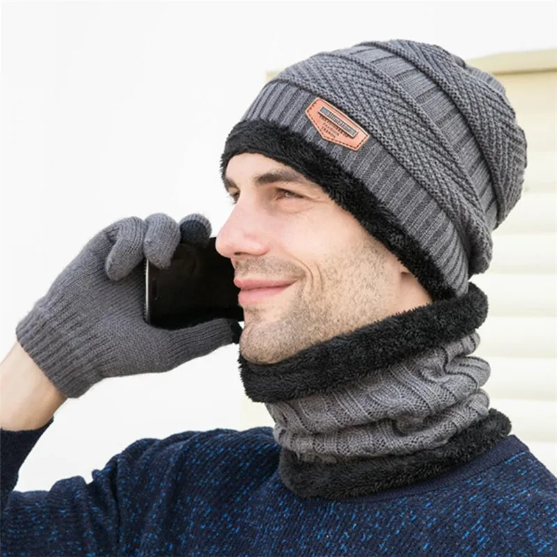 Men Winter Knitted Hat And Scarf Gloves Set Women Warm Plush Hat 3 Piece Sets Male Outdoor Ski Cap Ring Scarves Solid Man