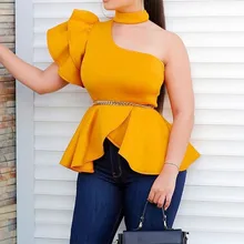 

Women Shirt One-shoulder Ruffled Irregular Tops Yellow Slim-fit Elegant Fashion Summer Falbala Plain Pullover Slim Sexy Blouse