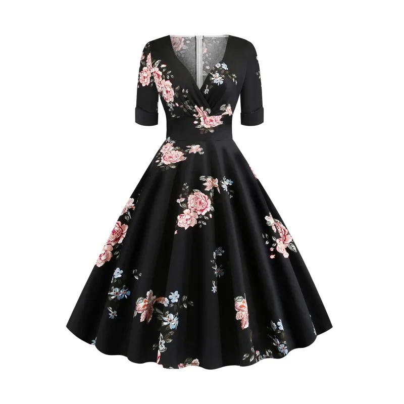

Cocktail Dresses Knee Length 2019 Flower Print Swing Short Party Gown Elegant V Neck Sleeved Formal robe