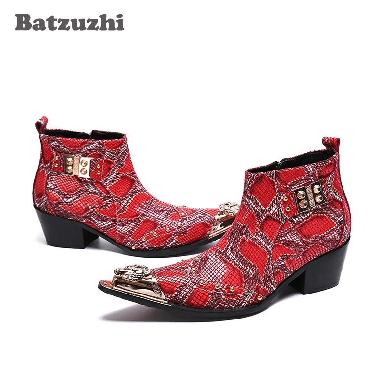 Batzuzhi 6.5cm Heels High Boots Men Formal Leather Ankle Dress Boots Gold Pointed Toe Red Party and Wedding Shoes Botas Hombre