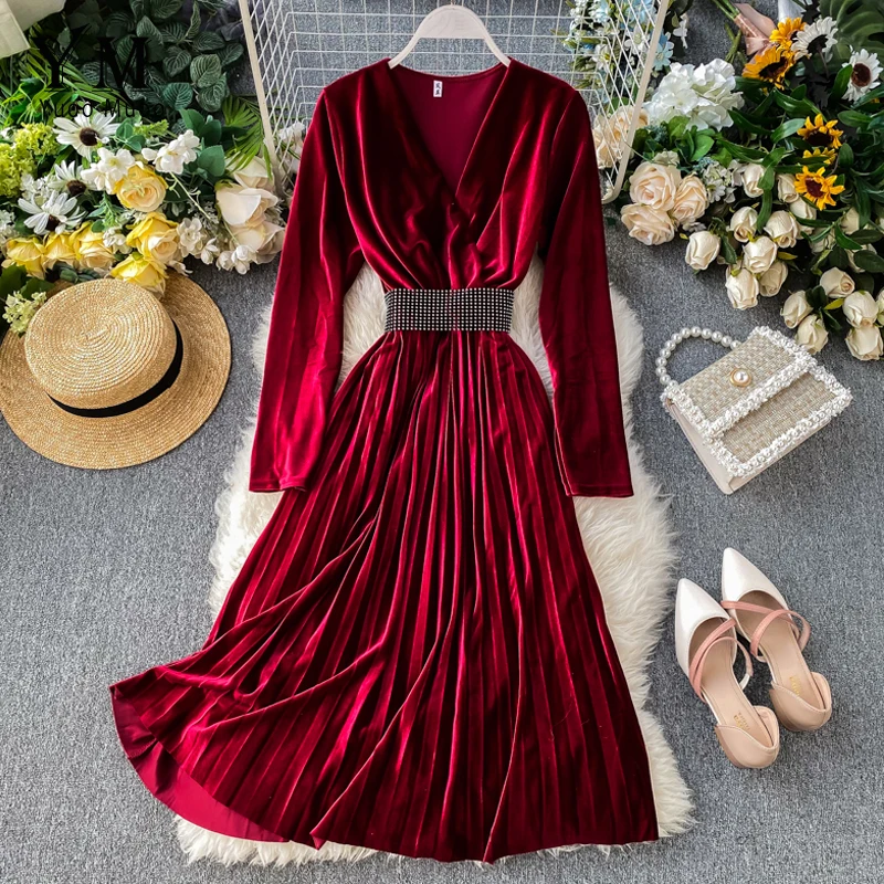 YuooMuoo красное бархатное винтажное платье с v-образным вырезом, женское элегантное приталенное облегающее черное Плиссированное длинное платье в стиле ретро, женское Макси-платье