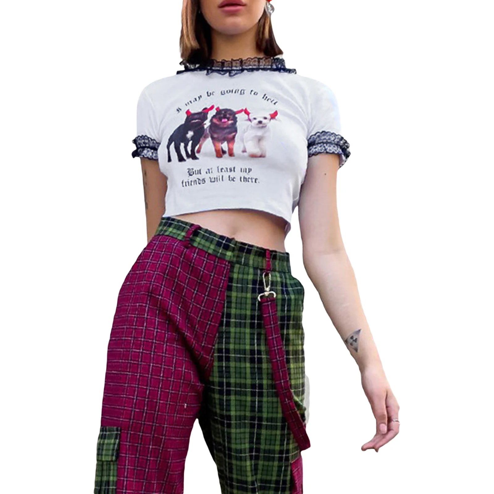 Women Fashion Lace Trim Dog Print T-shirt Stylish Short Sleeve Tops for Shopping Daily Wear | Женская одежда