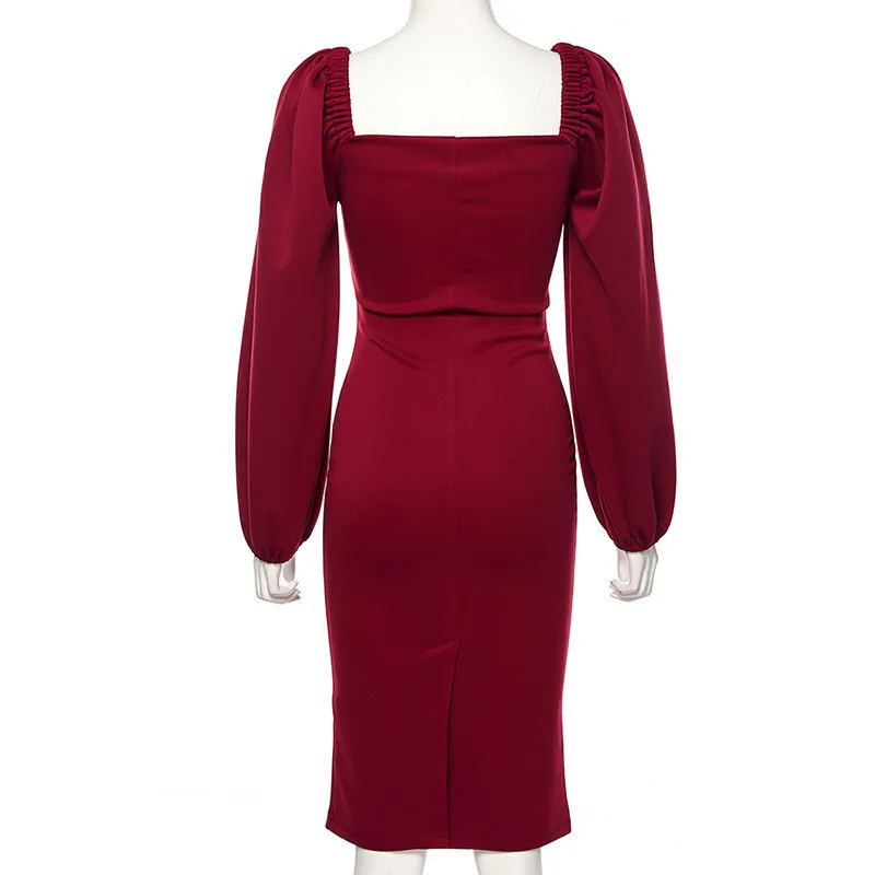 Винтажное осеннее платье с квадратным воротником, женское платье миди с пышными рукавами, вечерние, элегантные, для девушек, облегающее, новое, однотонное, черное, винно-красное платье, GV432