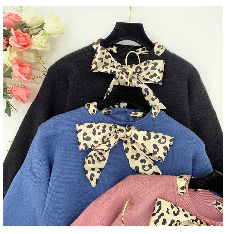 

Leopard Bow Sweater Womans Lantern Sleeve Scarf Sweater Women's Autumn/winter Loose Knitting Coat Girls Students Jumper Mujer