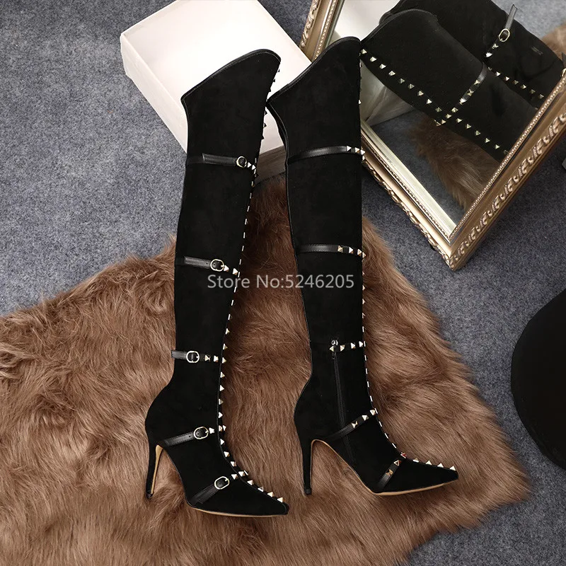 Botines Mujer/высокие сапоги модные женские сапоги до бедра с заклепками и ремешками женская обувь черного цвета с острым носком на высоком каблуке 8/10 см