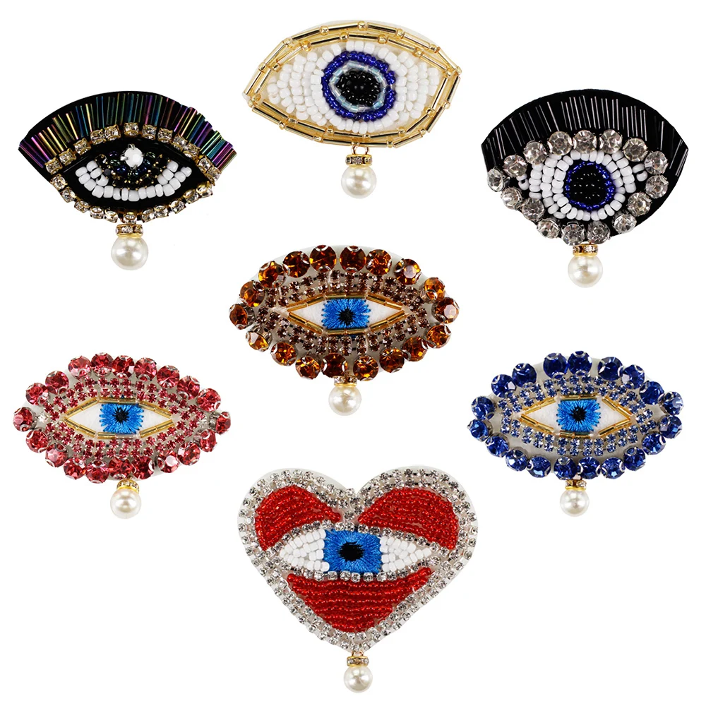 Beaded Heart Eyes Patches Rhinestones Motifs Pearl Pendant Brooch Badge with Pin 2 pieces | Дом и сад