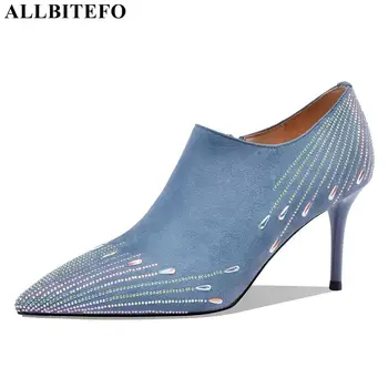 

ALLBITEFO rhinestone design soft suede sheepskin genuine leather high heels women fashion sexy women heels shoes high heel shoes