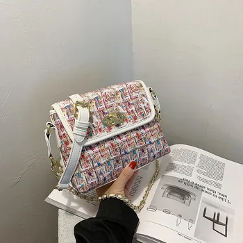 

Grid Bag 2020 New Fashion National Wind Woolen Cloth Joker Chain Shoulder Slung Square Bag