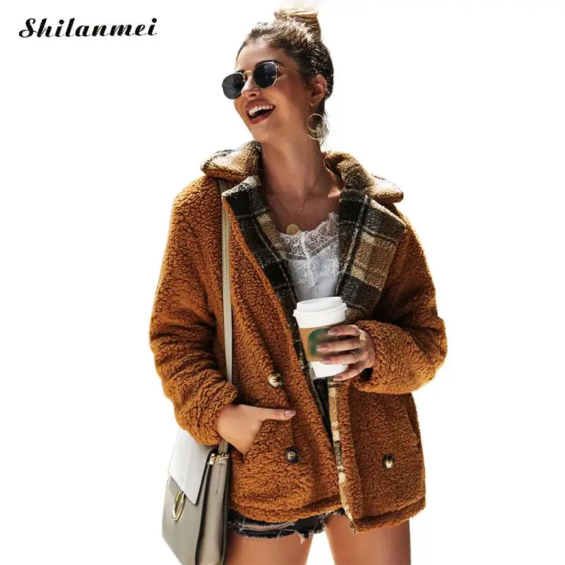 Флисовое пальто из искусственного меха Pacthwork, осенне-зимняя флисовая куртка, пальто, Женское пальто с отложным воротником, клетчатое