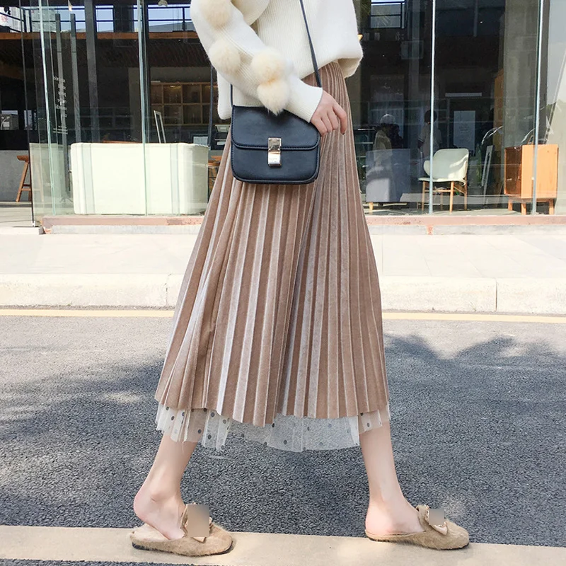 Плиссированная юбка в горошек, бархатные длинные юбки с высокой талией, Женская юбка макси, женские юбки, модная школьная юбка Jupe