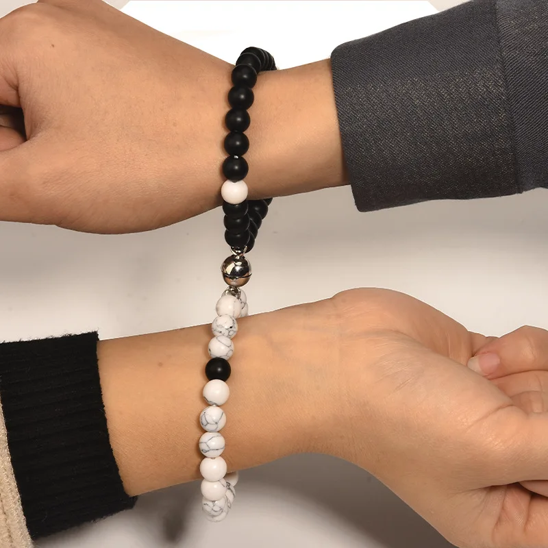 Elegant Black White Beads Magnet Buckle Bracelet For Women Men Natural Stone Round Beaded Bracelets Lovers Party Jewelry A948 | Украшения и