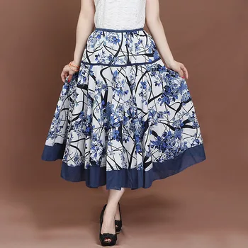

2020 Women Linen Cotton Floral Print Midi Skirts Elastic Waist Pleated Beach Boho Vintage Summer A-line Skirt Faldas jupe femme