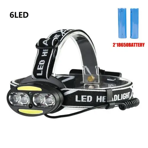 5 Modes Waterproof LED Headlamp Fishing Headlight Zoomable Lamp Waterproof Head Torch Flashlight Head Lamp Use 2*18650 Battery - Испускаемый цвет: 6 LED and battery