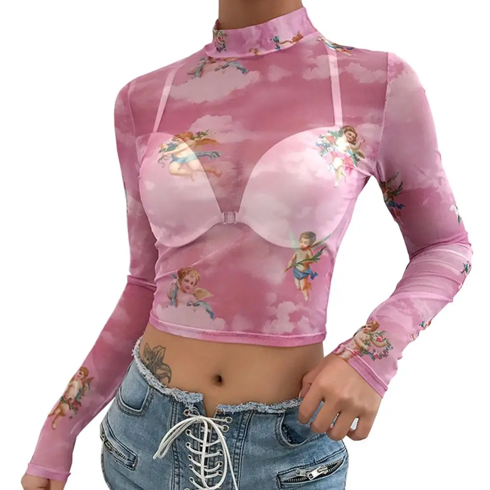 

Sexy Women T Shirt See Through Transparent Mesh Tops Long Sleeve Sheer Slim Ladies Turtleneck T-Shirt New Women Pink tshirt