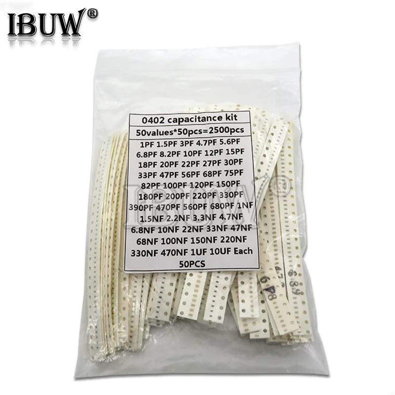 0402 SMD 세라믹 커패시터 모듬 키트, 칩 세라믹 커패시터 샘플 ki, 1pF ~ 10uF, 50 값 * 50PCs = 2500PCs 