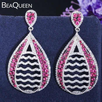 

BeaQueen Famous Brand Luxury Statement Jewellery Rose Red Cubic Zircon Big Dangle Drop Bridal Earrings for Wedding Jewelry E326