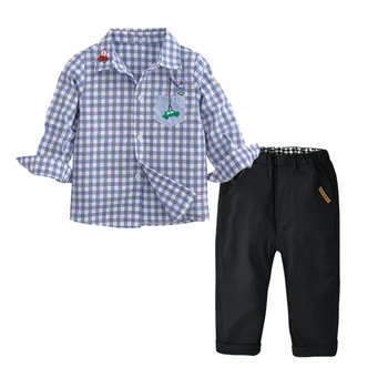 

Toddler Suit Clothes for Boys White&Blue Plaid Shirt Black Pants Suit Car Pattern Kids Dress Suit for Baby Children Clothing Set