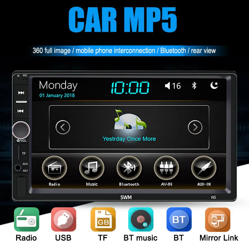 Vehemo Car Bluetooth MP5 FM/USB/AUX 2DIN 360 Video Function Car MP5 Player Stereo Audio Auto MP5 Player TF Universal