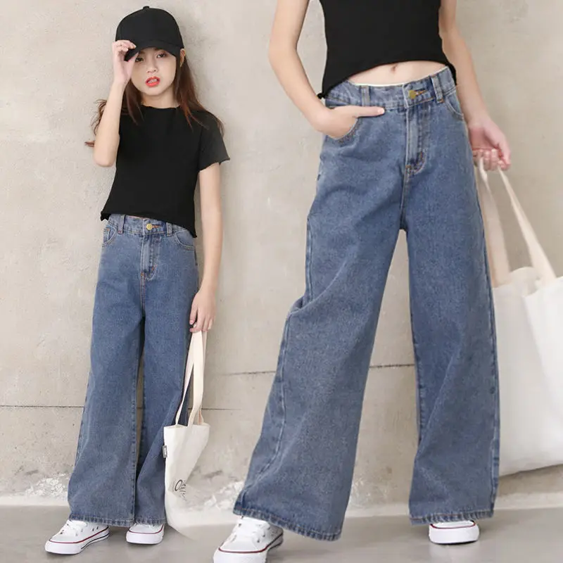Spring Autumn Kids Girls Vintage Retro Loose Straight Jeans Pants Teenage Low Waist Wide Leg Denim Children Clothes X116 | Детская