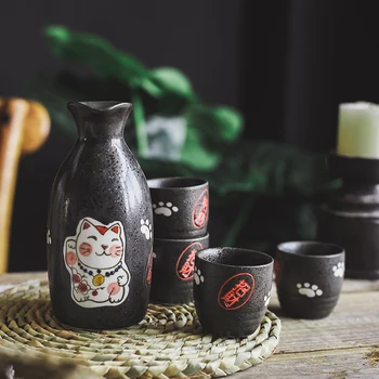 

Japanese style lucky cat one pot four cups tray sake wine set white yellow wine bottle cup household ceramic wineware