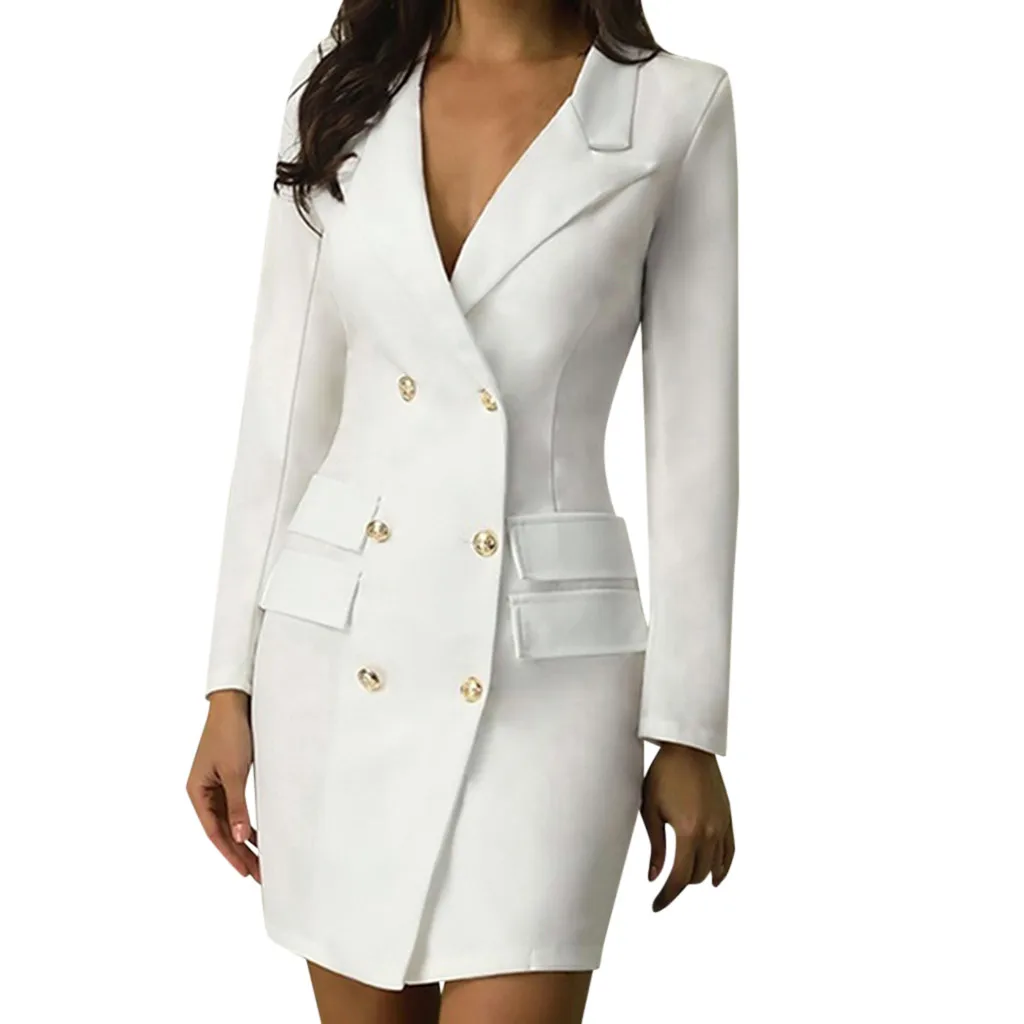 Двубортное платье с пуговицами спереди в Военном Стиле, платье с длинными рукавами, модный офисный женский костюм, женский костюм, пиджак, платье# T1G - Цвет: White