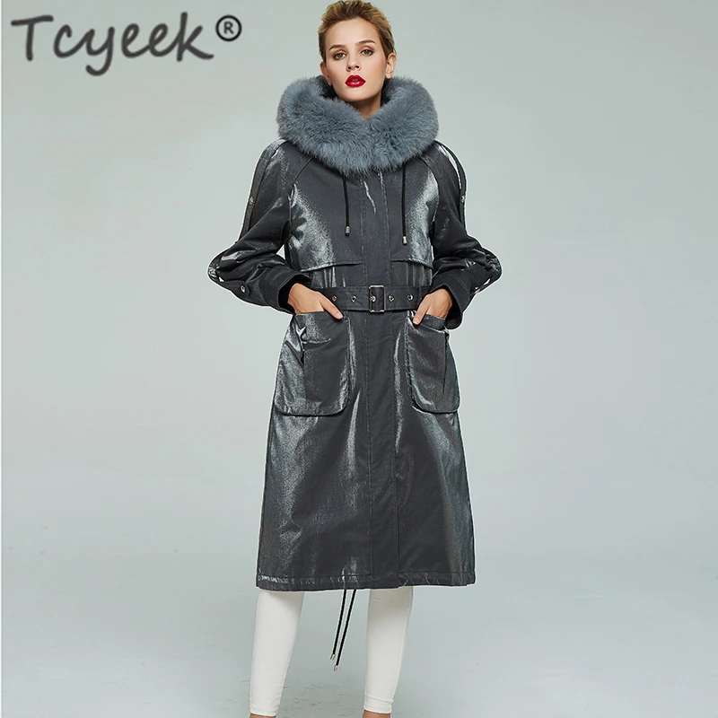 Tcyeek/пальто из натурального меха кролика Рекс, теплая парка, зимняя куртка для женщин, Воротник из лисьего меха, корейские длинные куртки Hiver 8708
