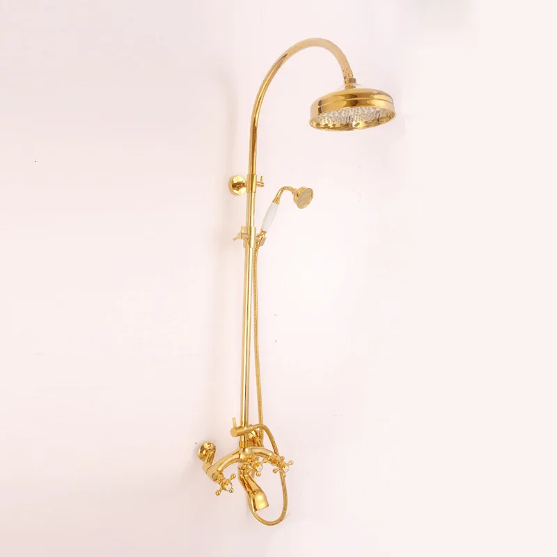 

Solid brass shower mounted on luxury gold wall + 8 inch high shower head + pure gold hand